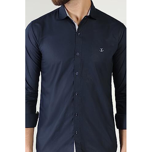 Toplot Men's Solid Slim Fit Cotton Blend Casual Shirt With Spread Collar & Full Sleeves (Plain-Shirt-5112-Navy-M)
