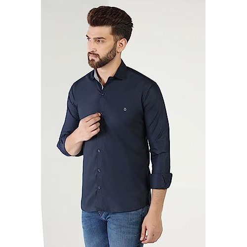 Toplot Men's Solid Slim Fit Cotton Blend Casual Shirt With Spread Collar & Full Sleeves (Plain-Shirt-5112-Navy-M)