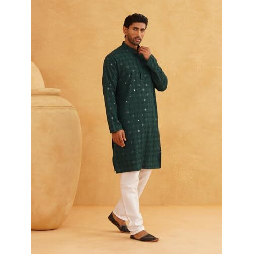 Sojanya (Since 1958 Men's Cotton Embroidered Sequinned Green Long Kurta Size 38