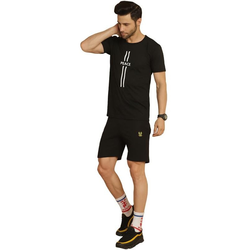 Vimal Jonney Printed Black Round Neck Cotton Half Sleeves Co-Ord Set Tracksuit For Men-Vimal52786