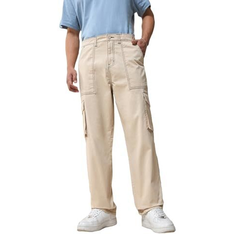 Bewakoof Men's Solid Oversized Fit Cotton Blend Cargo Pants_609843_Beige_34