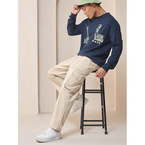 Bewakoof Men's Solid Oversized Fit Cotton Blend Cargo Pants_609843_Beige_34