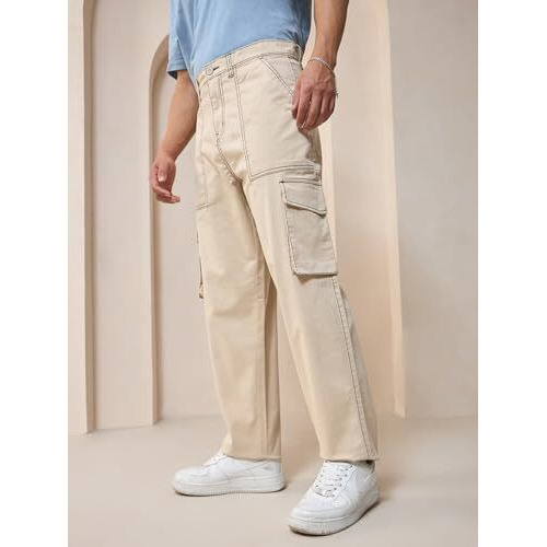 Bewakoof Men's Solid Oversized Fit Cotton Blend Cargo Pants_609843_Beige_34