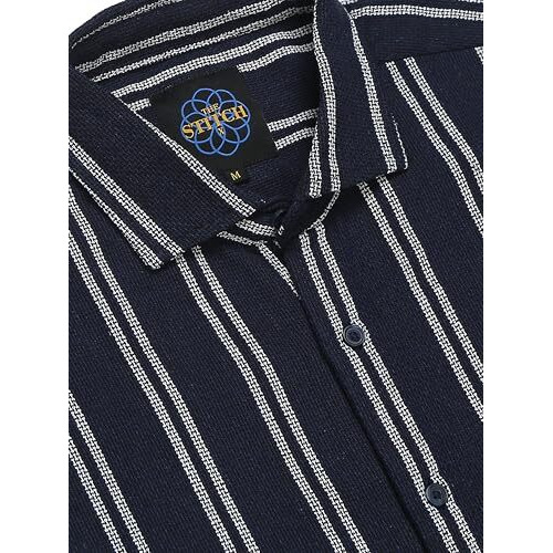 Stitchx Men's Half Sleeve Textured Striped Casual Cutaway Collar Shirt Deep Navy L