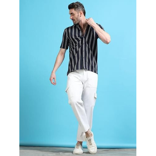 Stitchx Men's Half Sleeve Textured Striped Casual Cutaway Collar Shirt Deep Navy L