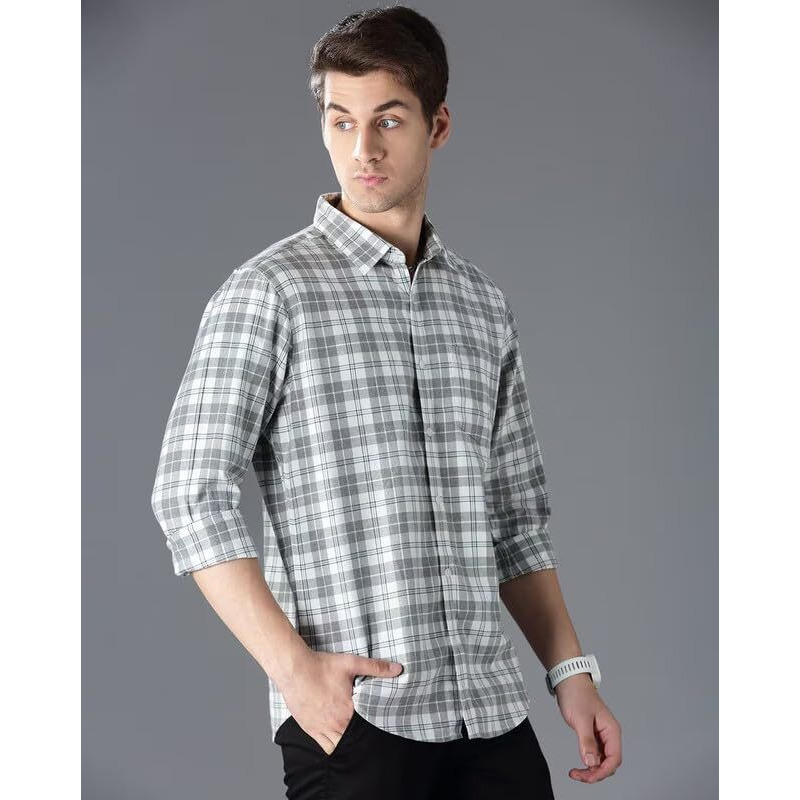 U Turn Men's Cotton Casual Printed Checkered Stylish Latest Shirt For Men (Grey-White X-Large)