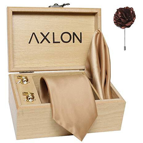 Axlon Men's Micro Polyester Plain Necktie Set With Pocket Square, Brooch Pin And Cufflinks Gift Box (Golden, Free Size)