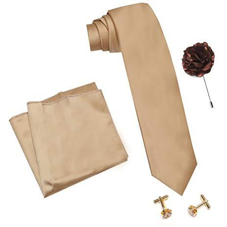 Axlon Men's Micro Polyester Plain Necktie Set With Pocket Square, Brooch Pin And Cufflinks Gift Box (Golden, Free Size)