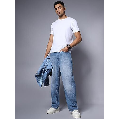 High Star Men's Wide Leg Fit Stretchable Mid Rise Jeans (Hsmjns2067_Blue_30)