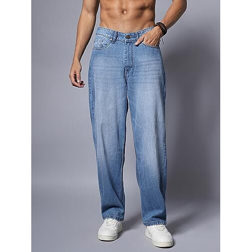 High Star Men's Wide Leg Fit Stretchable Mid Rise Jeans (Hsmjns2067_Blue_30)