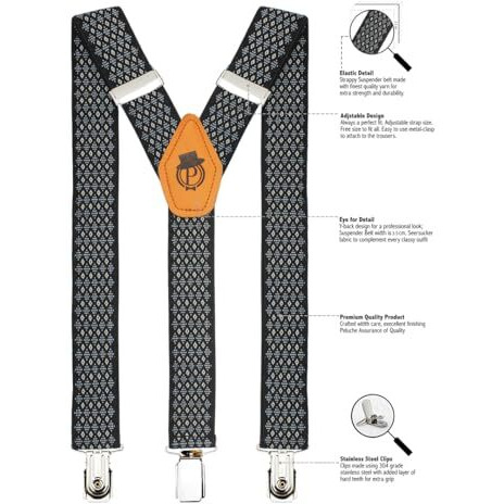 Peluche Cut Black Coloured 3.5Cm Strap Width Elastic Suspenders For Men