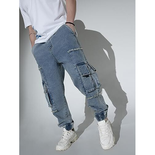 Hubberholme Men's Loose Fit Cargo Jogger Jeans (Mid Blue, 34)