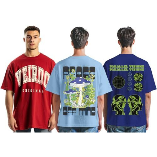 Veirdo 100% Pure Cotton Oversized Baggy Fit Half Sleeve Printed Round Neck Multicolor Drop Shoulder T-Shirt For Men (Po3_Os_Ss25_Prvi_Pcmd_Vdrd_Xxl)