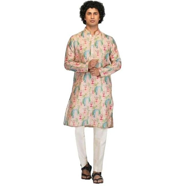 Lookmark Men's Cotton Blend Printed Long Kurta Suitable For All Indian Wedding, Occasions, And Festivals (Az-Lm-Og-Kurta 19-M) Peach
