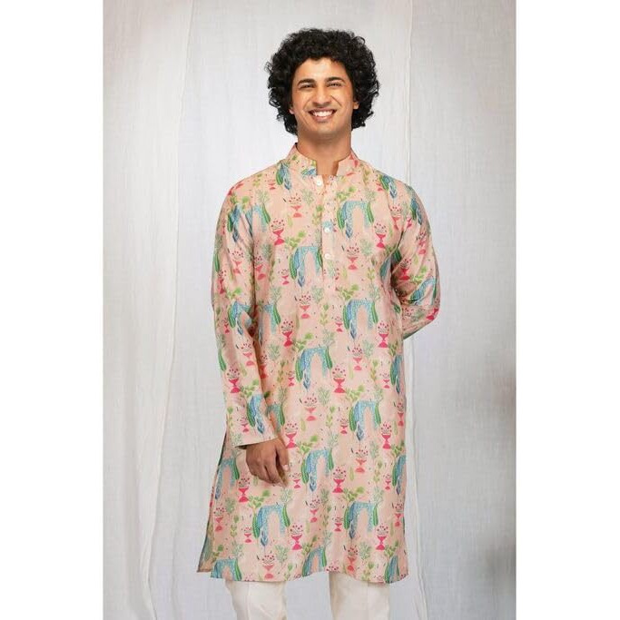 Lookmark Men's Cotton Blend Printed Long Kurta Suitable For All Indian Wedding, Occasions, And Festivals (Az-Lm-Og-Kurta 19-M) Peach