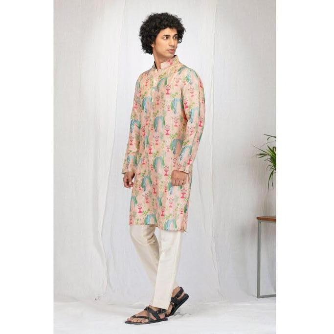 Lookmark Men's Cotton Blend Printed Long Kurta Suitable For All Indian Wedding, Occasions, And Festivals (Az-Lm-Og-Kurta 19-M) Peach