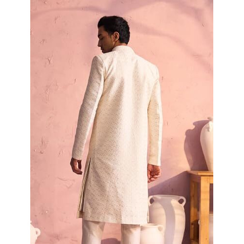 Vastramay Men's Cream Silk Blend Sherwani Only Top