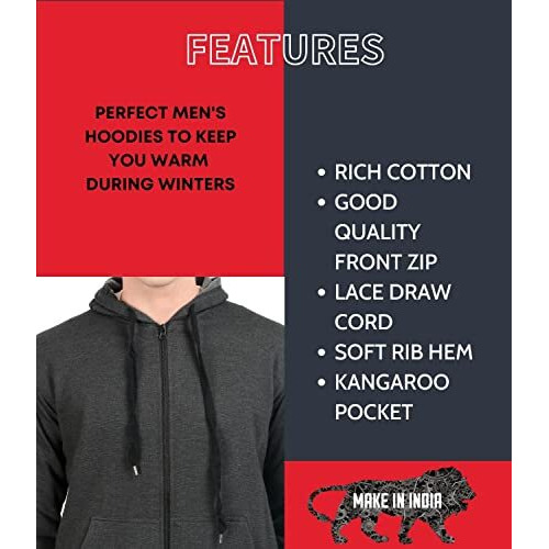 Scott International Men's Solid Cotton Hoodies | Sweatshirts | Sweatshirt With Zipper Stylish| Winter Wear With Hood And Pockets Charcoal