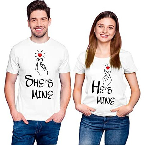 Hangout Hub Hh76 She Is Mine He Is Mine Printed (WhiteMen LWomen Xl) Couple Tshirts For Couple Lover Husband Wife | Anniversary | Men's & Women's Cotton Printed Regular Fit T-Shirts (Set Of 2)