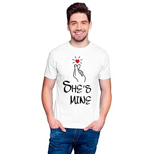 Hangout Hub Hh76 She Is Mine He Is Mine Printed (WhiteMen LWomen Xl) Couple Tshirts For Couple Lover Husband Wife | Anniversary | Men's & Women's Cotton Printed Regular Fit T-Shirts (Set Of 2)