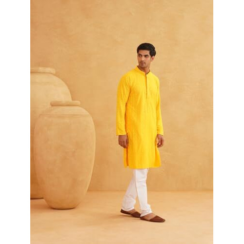 Sojanya (Since 1958 Men's Ethnic Motifs Embroidered Sequinned Mustard Cotton Long Kurta
