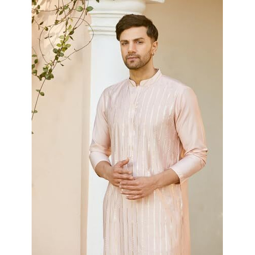 See Designs Men Full Sleeve Pink And Gold Chanderi Silk Sequins Mandarin Collar Side Slit Kurta - Sd2Kt_2421Xl