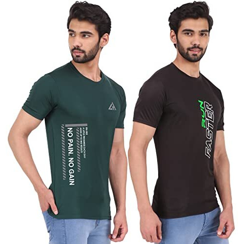 London Hills Printed Men Round Neck Black, Green Half Sleeve T-Shirt (Pack Of 2) Black_Green