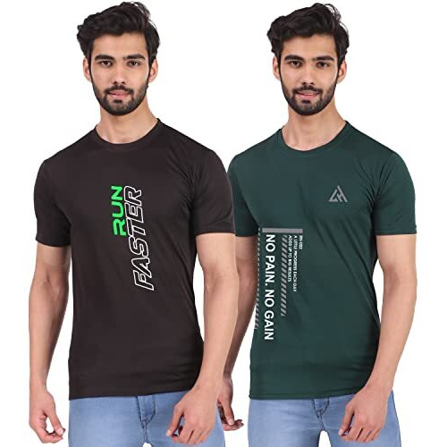London Hills Printed Men Round Neck Black, Green Half Sleeve T-Shirt (Pack Of 2) Black_Green
