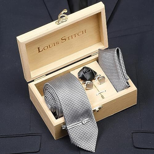 Louis Stitch Mens Black Italian Silk Necktie Set With Pocket Square Cufflinks Brooch Tie (Suit Accessories) (Czech)