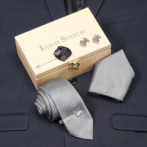 Louis Stitch Mens Black Italian Silk Necktie Set With Pocket Square Cufflinks Brooch Tie (Suit Accessories) (Czech)