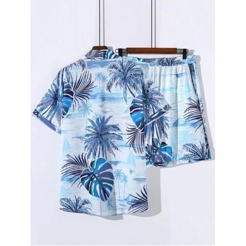 Leriya Fashion Night Dress For Men || Rayon Multi Printed Night Dress For Women || Summer & Beach Wear For Men || Sleepwear Pajama Set For Men || Vacation || Travel Wear (Lf-Ms-6090&Sh182-M-Blue)