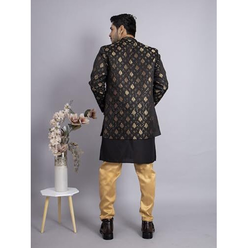 Xepon Mens Ethnic Wear Black Kurta Pajama With Stylish Long Jacket Set (Large)