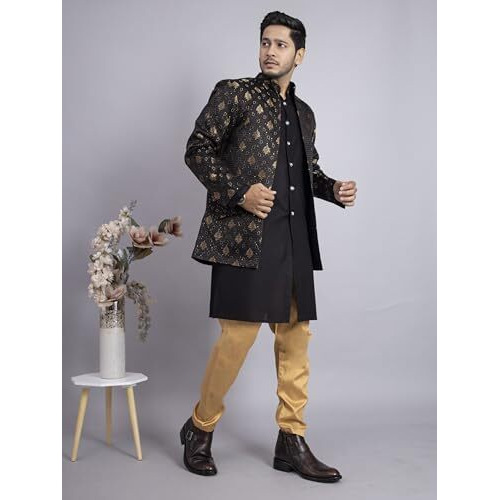 Xepon Mens Ethnic Wear Black Kurta Pajama With Stylish Long Jacket Set (Large)