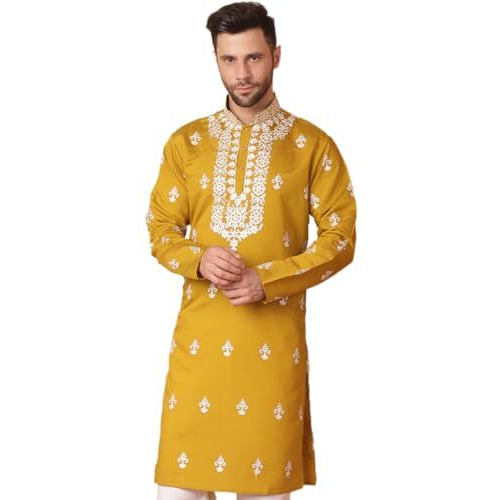 Jompers Men Mustard Chikankari Embroidered Kurtas (Mustard, M)