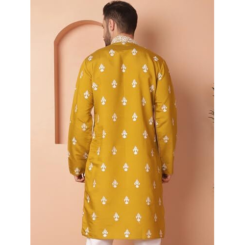 Jompers Men Mustard Chikankari Embroidered Kurtas (Mustard, M)