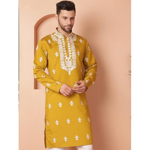 Jompers Men Mustard Chikankari Embroidered Kurtas (Mustard, M)