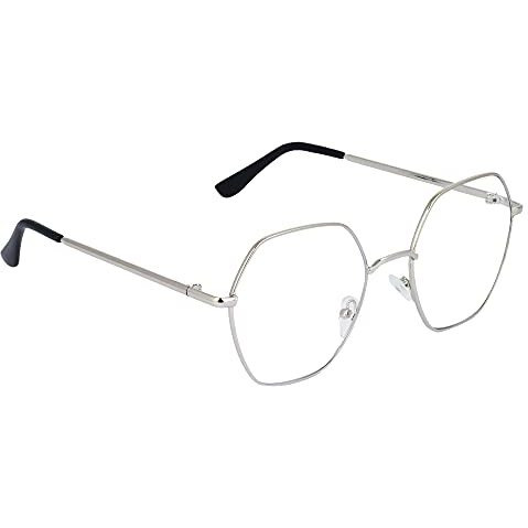 Dervin Clear Lens Hexagon Spectacle Frame For Men And Women (Large, Silver-White)