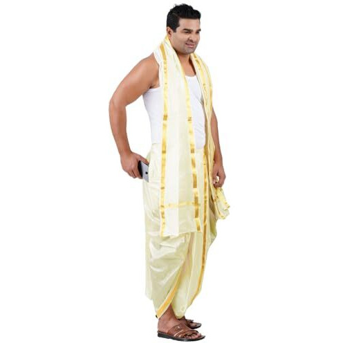 Prakasam Cotton Mens Asha (Polyester Blended) Cream Colour Panjakejam (Ready To Wear) Dhoti & Towel Set With Pocket (50K)