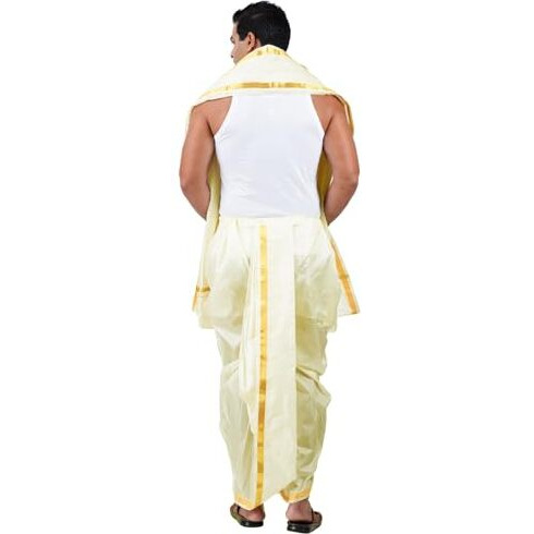 Prakasam Cotton Mens Asha (Polyester Blended) Cream Colour Panjakejam (Ready To Wear) Dhoti & Towel Set With Pocket (50K)