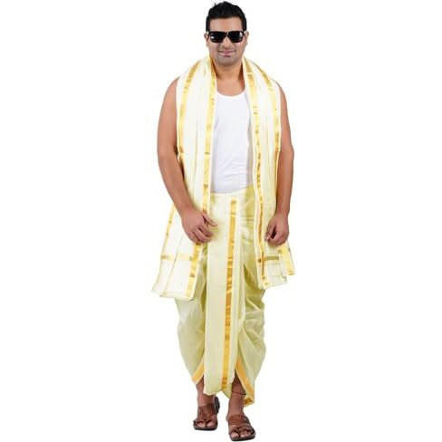 Prakasam Cotton Mens Asha (Polyester Blended) Cream Colour Panjakejam (Ready To Wear) Dhoti & Towel Set With Pocket (50K)