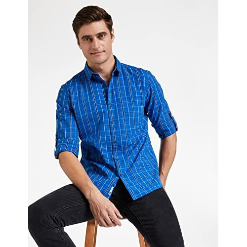 Amazon Brand - Symbol Men's Checkered Regular Fit Casual Shirt (Aw20-Sy-Ydt-09_Blue&Navy&White L)