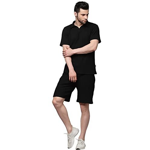 Rigo Waffle Knit Self Textured Co-Ord Set For Men | Night Suit | Lounge-Wear Pajama Set | Beach And Vacation Wear Black