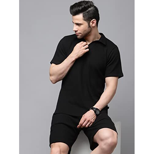 Rigo Waffle Knit Self Textured Co-Ord Set For Men | Night Suit | Lounge-Wear Pajama Set | Beach And Vacation Wear Black