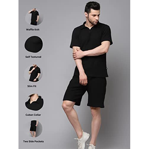 Rigo Waffle Knit Self Textured Co-Ord Set For Men | Night Suit | Lounge-Wear Pajama Set | Beach And Vacation Wear Black