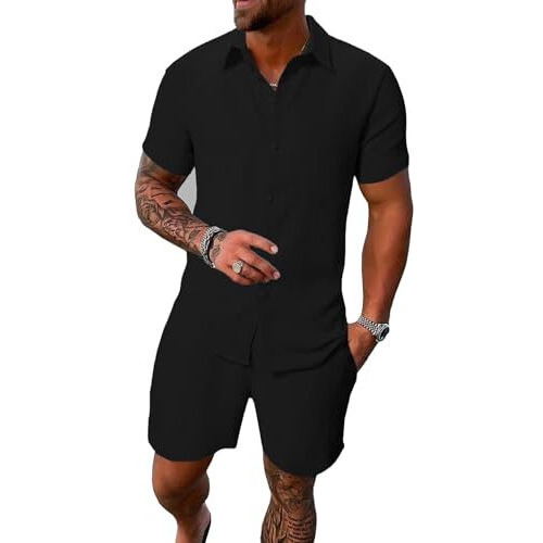Tagdo Men's Cotton Blend Solid Pajama Set Pack Of 1 (Shorts-Pair-2034-Black-M_Black_Medium)