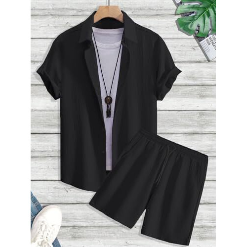 Tagdo Men's Cotton Blend Solid Pajama Set Pack Of 1 (Shorts-Pair-2034-Black-M_Black_Medium)