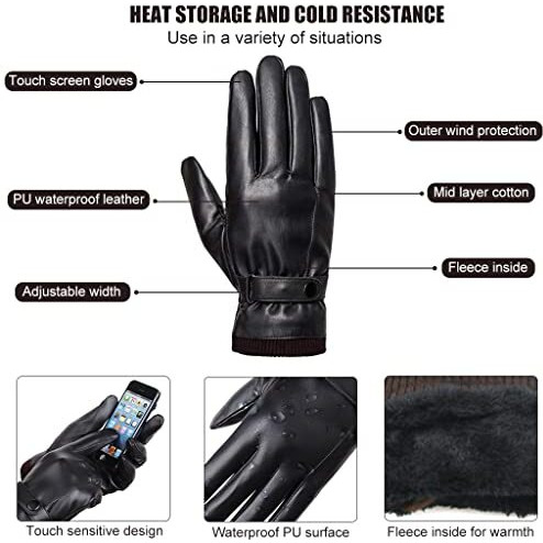 Proberos Winter Gloves For Men, Pu Leather Fleece Warm Lining Gloves For Riding, Touch Screen Winter Gloves Fashion Winter Leather Gloves For Men Driving Gloves For Men (Black Style 1)