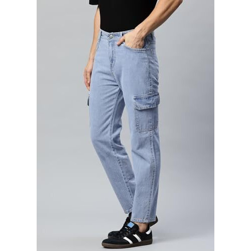 Adbucks Men Loose Fit Men's Flip Pocket Cargo || Men's Stylish Cotton Loose Fit Denim Cargo Jeans (In, Numeric, 32, Light Blue)
