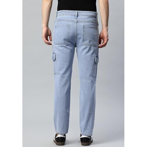 Adbucks Men Loose Fit Men's Flip Pocket Cargo || Men's Stylish Cotton Loose Fit Denim Cargo Jeans (In, Numeric, 32, Light Blue)