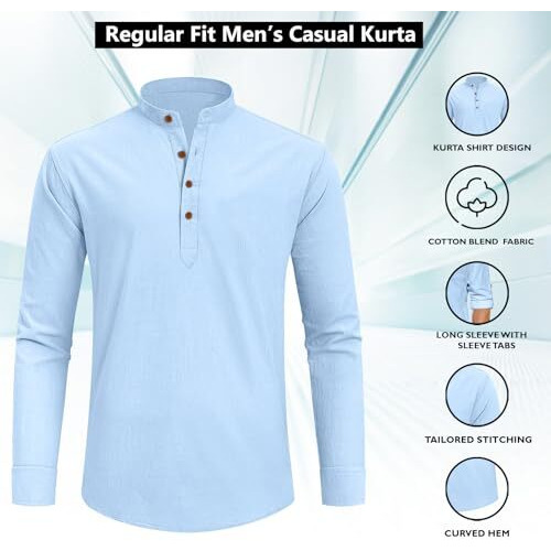 Zombom Men's Cotton Blend Solid Full Sleeve Short Kurta Shirt With Mandarin Collar Sky Blue